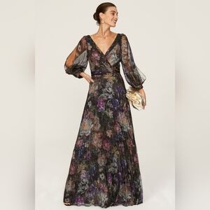 NWOT Size 0 Marchesa Notte Metallic Black & Multi Floral Pleated Maxi Gown